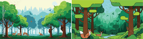 Vector Illustrated Forest Landscapes with Wild Animals and Green Trees