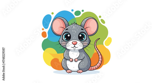 Adorable cartoon mouse with expressive eyes sits against vibrant colorful background