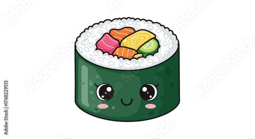 Adorable sushi roll illustration with charming facial expression showcasing traditional culinary
