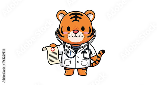 Adorable tiger doctor cartoon character for medical clinic and healthcare marketing for children