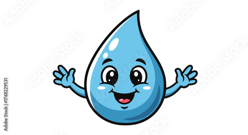 Adorable water droplet character with cheerful expression and welcoming gesture on white background