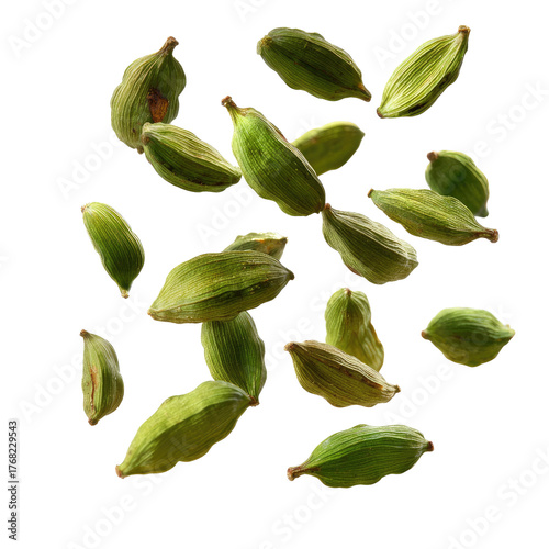 Falling Green Cardamom Pods Isolated on transparent background Remove png, Clipping Path, pen tool