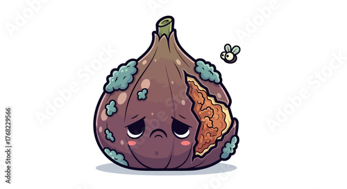 An unappetizing rotting fig, featuring decay, sadness, and a tiny fly buzzing around its surface,