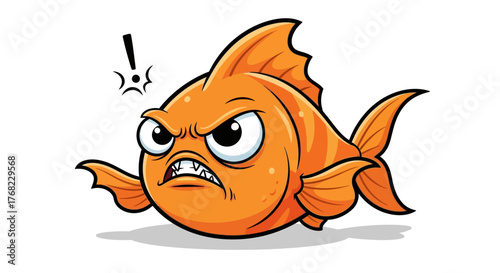 An incredibly irritated orange fish with raised eyebrows and a prominent exclamation mark nearby