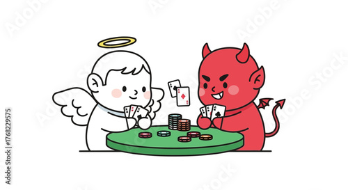 Angel and Devil Play Poker: A Cartoon Illustration of Duality and Chance at the Table