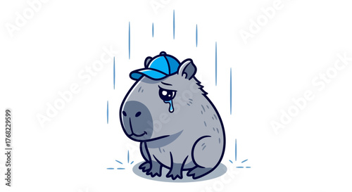 Animated capybara character feeling melancholic in the downpour wearing a blue hat alone