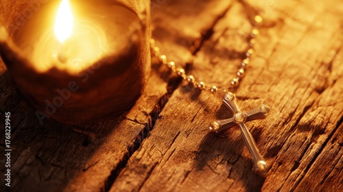 Una imagen que captura la serenidad y la esperanza a través de una cruz de plata iluminada por la luz de una vela.