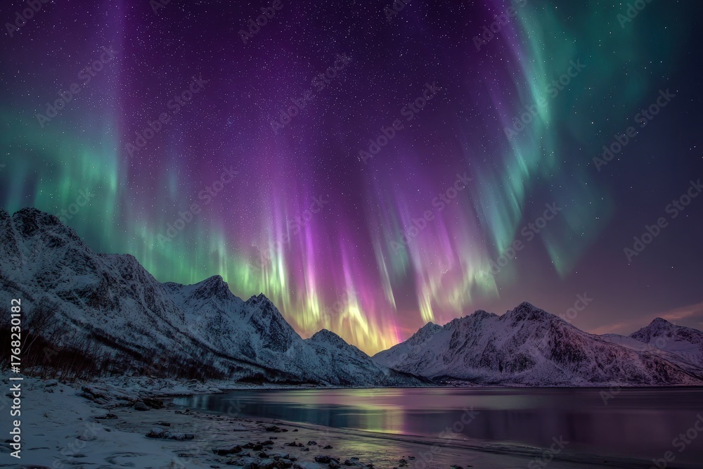 Fototapeta premium Northern Lights over snowy mountains