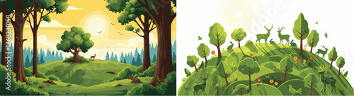 Illustrative Green Nature Landscape with Forests, Hills, and Wild Animals