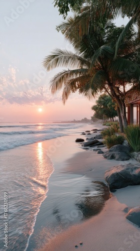Beautiful Scenic Sunset Over The Ocean With Gentle Waves Reflecting Golden Sunlight On A Sandy Beach With Palm Trees And Distant Huts Providing A Serene Tropical Ambiance