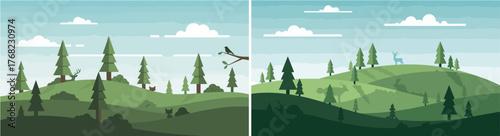 Minimalist Flat Vector Landscape with Layered Green Hills and Trees