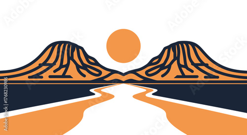 Desert Mountain Landscape with River and Sun Illustration