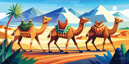 a detailed postcards of three camels walking in the desert with palm tree and mountain background, best for postcard and web design