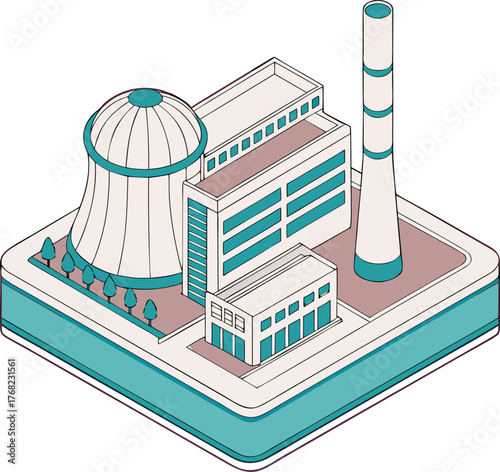 Isometric eco illustration of nuclear electric station producing renewable energy with modern design and zero carbon emission concept.