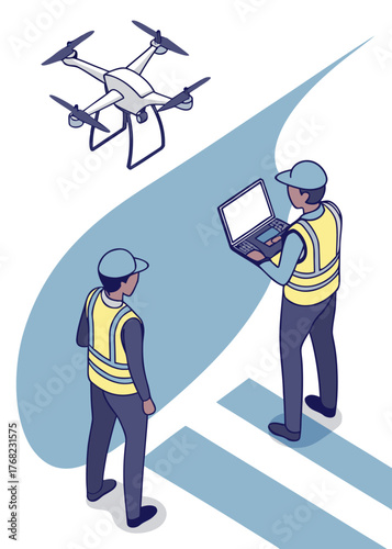 Isometric drone testing concept showing UAV engineer managing flight system for forecasting, environmental analysis, and industrial scanning.