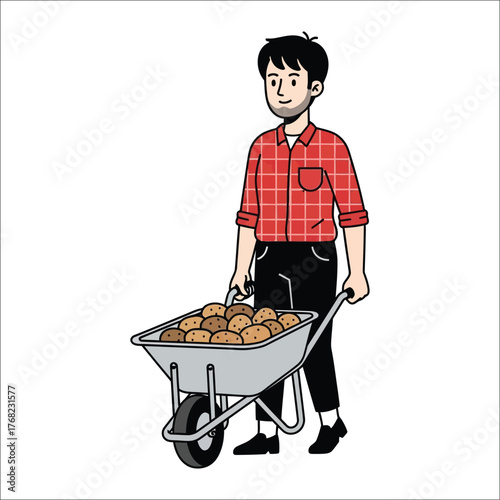 Happy Farmer Wheeling Potatoes In Wheelbarrow Fresh Harvest Vector Illustration