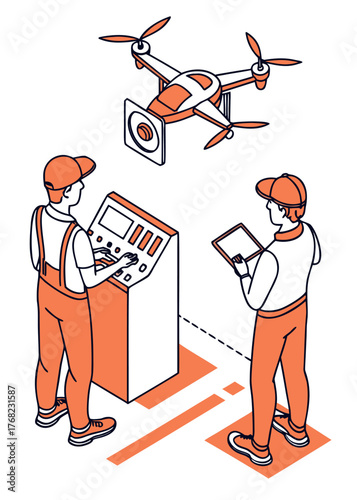 Engineer testing unmanned aerial vehicle drone in isometric style, representing flight control, scanning, and forecast technology.