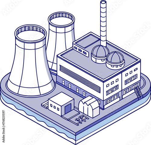 Cartoon isometric vector of modern nuclear electric power plant promoting renewable, low-carbon, and environmentally friendly energy concept.