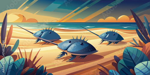 Horseshoe crabs on the beach at sunset in a stylized vector illustration