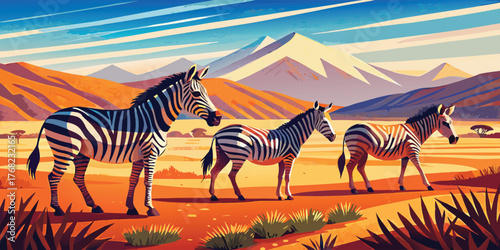 Zebras walking across the african savanna with mountains in the background