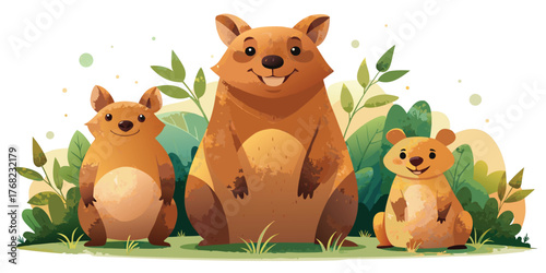 Three cute happy quokkas sitting in the grass in crayon vector illustration art style