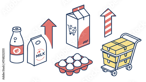 Milk, eggs, grocery shopping cart, food price increase, inflation, rising costs, consumer spending, budget, grocery bill