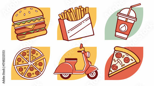 Fast food burger, pizza, fries, and drink delivery scooter vector illustration graphic design junk food meal tasty