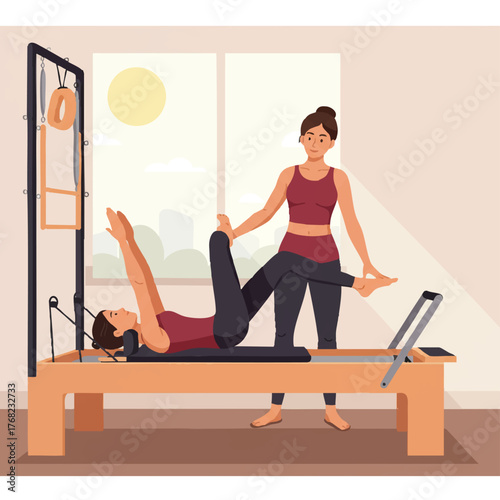 Flat vector illustration of a woman performing Pilates leg exercises on a reformer machine, guided by a female instructor in a bright, sunlit modern studio environment.