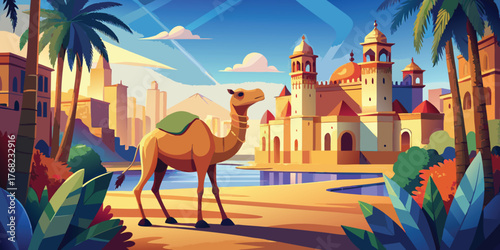 Camel walking in a desert city with palm trees and a palace in the background