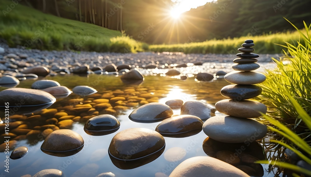 Obraz premium Smooth river stones in shallow stream reflecting golden sunlight symbolizing balance, flow, and peaceful natural energy