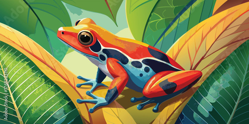 Colorful poison dart frog sitting on a leaf in a tropical rainforest