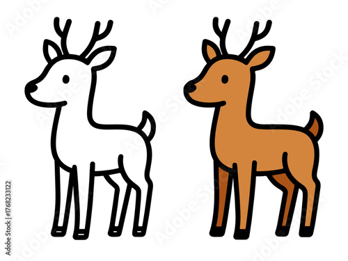 Adorable standing deer with small antlers, shown in outline and colored versions, perfect for woodland, winter, or animal-themed coloring pages.