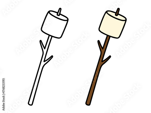 Simple marshmallow on stick outline illustration for coloring. Great for camping, bonfire, and outdoor adventure-themed coloring books or kids’ activities.