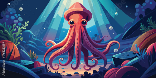 A charming giant squid in the ocean, a whimsical underwater adventure awaits, vector illustration