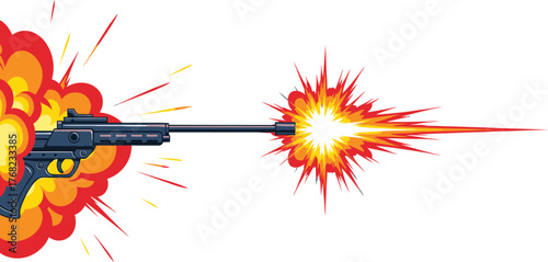 Illustration of a rifle firing, with a muzzle flash and explosion effect, symbolizing action and power