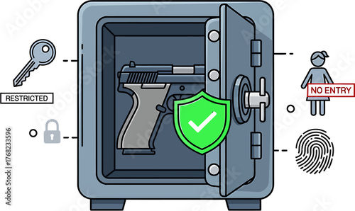 Comprehensive Security Concept for Firearm Storage Emphasizing Restricted Access, Responsible Ownership, and Advanced Protection Measures with Visual Indicators of Safety and Control