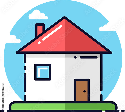 Illustration of a simple, stylized house with a red roof, set against a blue sky with clouds, on a green grassy base