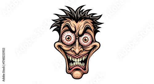Intense cartoon face with bulging eyes and a wide toothy grin conveys a sense of extreme mania