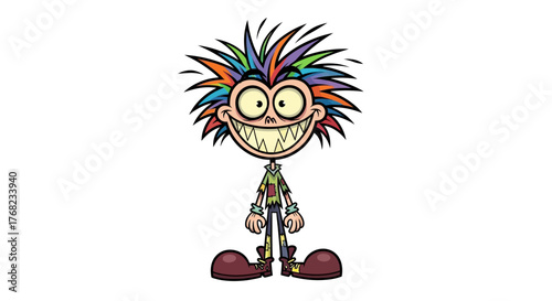Whimsical character with rainbow hair and oversized smile expressing gleeful madness