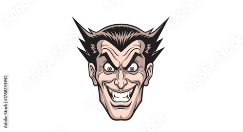 Illustrative menacing face design with sharp features expressing a mischievous grin and piercing