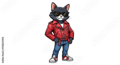Cartoon stylish cat character with sunglasses, red leather jacket and sneakers full body
