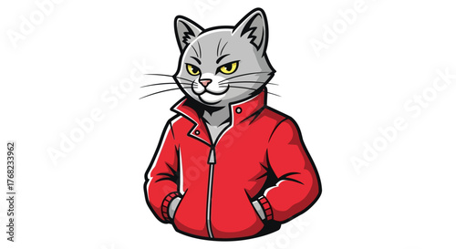 Cartoon cat character wearing a vibrant red jacket with a confident and slightly sly expression