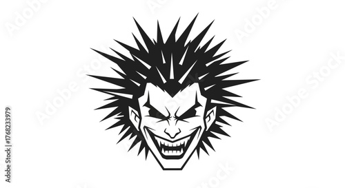 Monochrome stylized portrait of a villainous character with spiky hair and aggressive expression