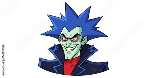 A cartoonish supervillain portrait with a sinister smirk and sharp, electric blue hair style