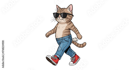 Cool cat cartoon character strolling in jeans and red sneakers with sunglasses on white background