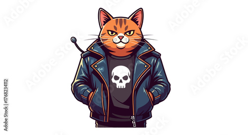 Cartoon depiction of a cool cat wearing a leather jacket with a skull t-shirt and tail antenna