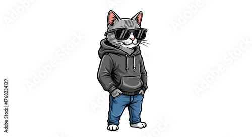 Stylish feline friend rocking a hoodie and sunglasses with cartoonish and detailed design for