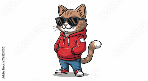 Cartoonish cat illustration with sunglasses, a red hoodie, jeans, and red shoes on white background