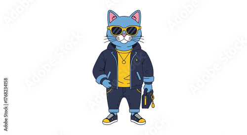 Cool cat cartoon character in stylish outfit, vector illustration, anthropomorphic pet for trendy