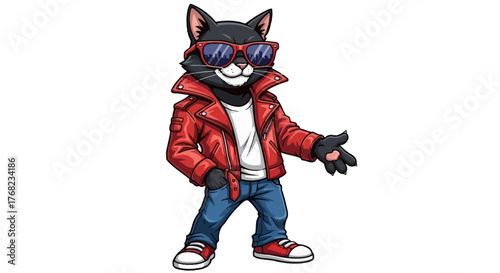 Cool cat cartoon character wearing sunglasses and a red leather jacket in the street